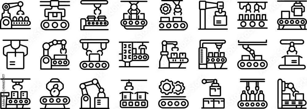 Poster robot conveyor belt icons set. conveyor belt manufacturing automation process with robotic arms icon
