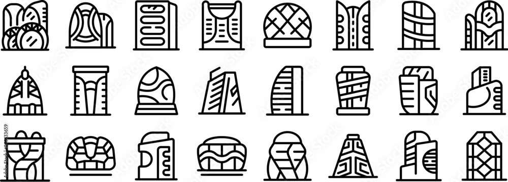 Poster futuristic metropolis architecture icons set. line icons set of architects designing modern building