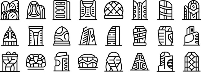 futuristic metropolis architecture icons set. Line icons set of architects designing modern buildings using innovative sustainable architecture, futuristic skyscrapers icons