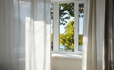  View from the window, green trees, landscape with lake.   