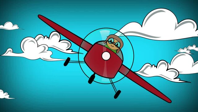 animated of cartoon old vintage red plane with clouds