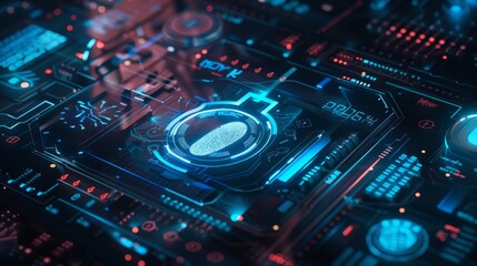 Ar biometric security with holographic id and fingerprint illustration on dark background