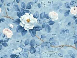 Vintage Chinese chinoiserie botanical watercolor painting drawing of bird and flower branch with blue color theme wall art, background, wallpaper, wall art