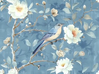 Vintage Chinese chinoiserie botanical watercolor painting drawing of bird and flower branch with blue color theme wall art, background, wallpaper, wall art