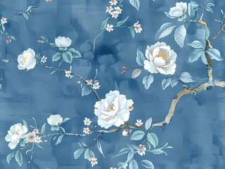 Vintage Chinese chinoiserie botanical watercolor painting drawing of bird and flower branch with blue color theme wall art, background, wallpaper, wall art