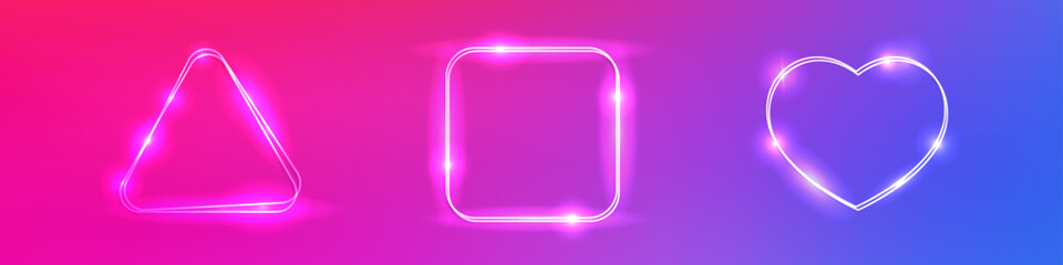 Set of neon double frames with shining effects
