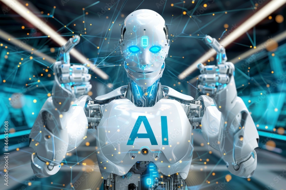 Poster futuristic ai robot with neon lights, showcasing advanced technology and artificial intelligence in 