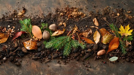 Obraz premium Organic Material Breakdown Mix of Food Scraps Soil Leaves and Pine Needles in Horizontal Alignment
