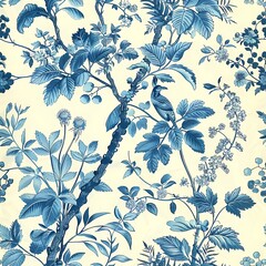 Vintage Chinese chinoiserie botanical watercolor painting drawing of bird and flower branch with blue and white color theme wall art, background, wallpaper, wall art
