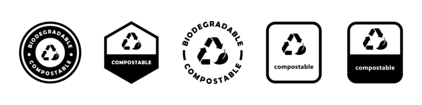 Biodegradable and compostable. Vector signs for product packaging label.