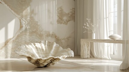 The giant clam shell sits on the marble floor in front of a marble wall with a sheer curtain.