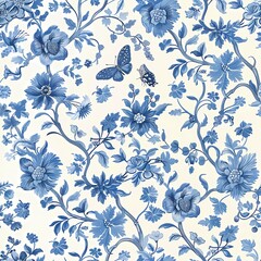 Vintage Chinese chinoiserie botanical watercolor painting drawing of flower branch pattern with blue and white color theme wall art, background, wallpaper, wall art