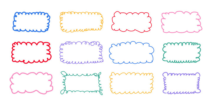 Hand drawn colorful rectangle looped frame set. Doodle scalloped edge oval shapes. Scribble lace borders template. Cloud silhouette. Vector illustration isolated on white background
