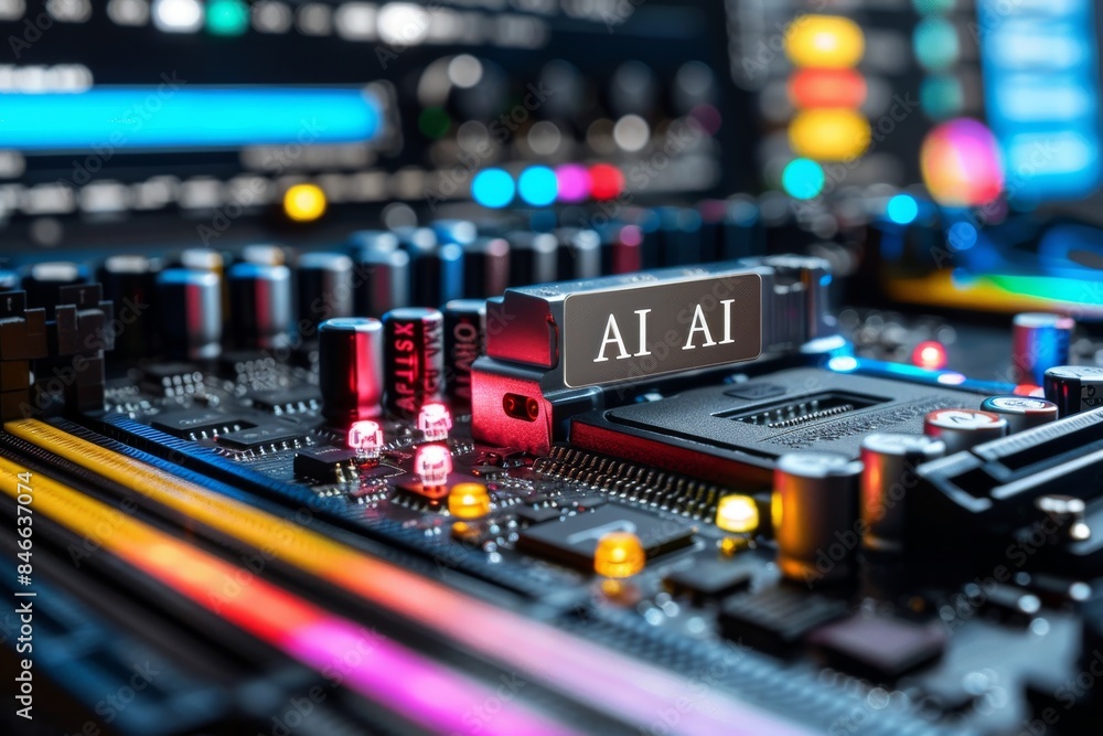 Poster ai chip with vibrant lights on a circuit board, representing advanced technology and artificial inte
