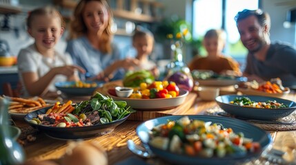 Family gathered around a table, sharing a nutritious home-cooked meal in a warm, inviting kitchen setting, A family enjoying a meal together that follows the DASH diet guidelines