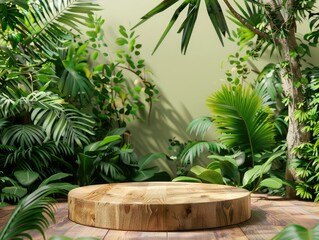 The wooden podium is placed in a lush green jungle. The podium is made of natural wood and has a round shape. The jungle is full of lush green vegetation.