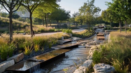 Obraz premium Nature's Innovation A Stunning Water Reclamation Facility Harmonizing Technology and Environment in a Public Park