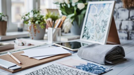 Obraz premium Creative Workspace Interior Design Inspiration with Blank Business Cards Fabric Samples Mood Board and Digital Tablet Professional Decorator's Desk Stock Image