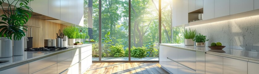 Bright, airy kitchen with white cabinetry and large windows, looking out onto lush greenery, embodying freshness and modern living