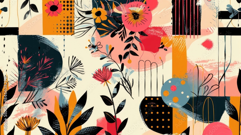 Poster collection of abstract geometric shapes and floral elements in a seamless patterned backdrop