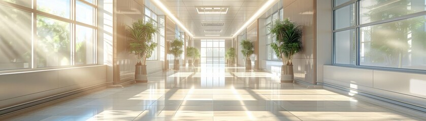 Fototapeta premium Bright and airy hospital corridor, with clean lines and soft natural lighting, evoking a sense of tranquility and care