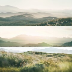 Obraz premium Nature collage with scenic landscapes, forests, mountains, rivers, and skies, panoramic outdoor views, wilderness and natural beauty, travel and adventure concept