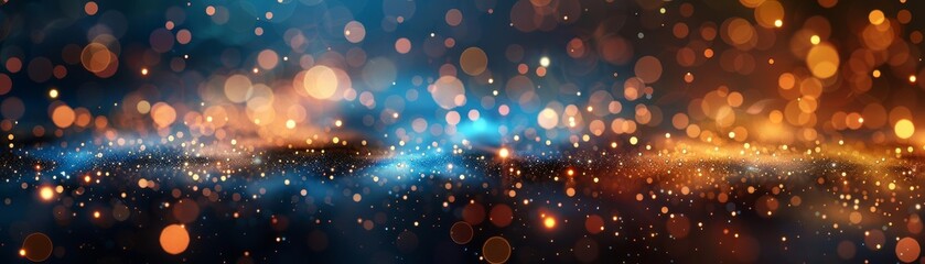 Bright and festive bokeh background with golden and blue lights, capturing a magical and celebratory atmosphere, sparkling dots, blurred edges, high contrast