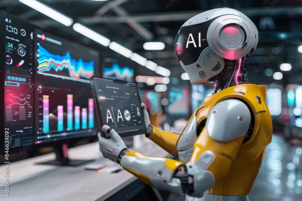 Poster ai robot with digital interface, representing advanced technology and artificial intelligence in a f