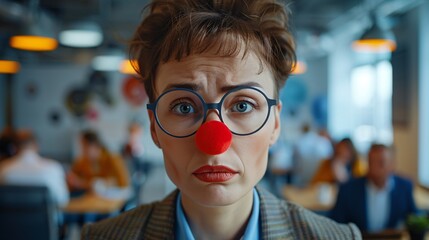 The head of the organization, a white woman with short hair and glasses, wears a suit. Looking at the camera in an office environment He is sad but wears a red clown nose. There are people