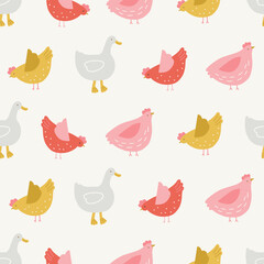 Floral seamless pattern with gooses and hens on white background