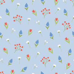Floral seamless pattern with tulips, berries and flowers