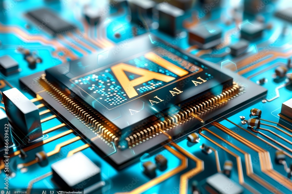 Poster close up of an ai microchip on a circuit board with blue and orange hues, highlighting the intricaci