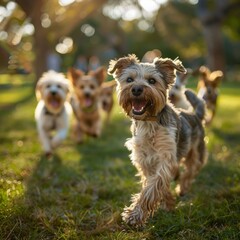 Group of Small Dogs Running Across Grass Covered Field