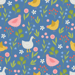 Floral seamless pattern with hens, gooses, berries and flowers