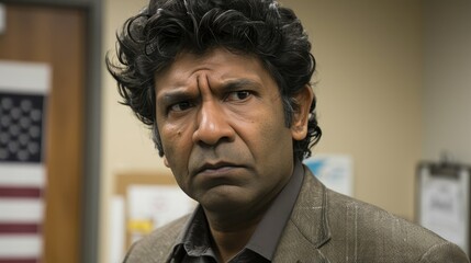 Fototapeta premium Pensive Middle-Aged Indian Man in Office - Concerned Expression Portrait