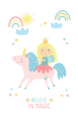 Childrens magic poster with a little princess and unicorn. Vector isolated on a white background