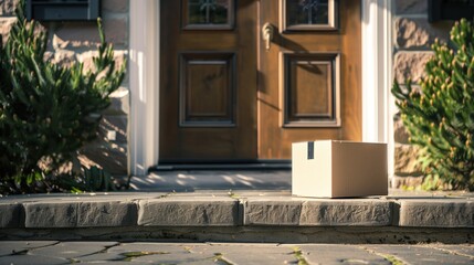 A cardboard package left on a residential doorstep, awaiting pickup against a wooden front door in the morning light.