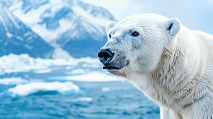 Fototapeta premium Eye-Level Angle: An eye-level view of a polar bear hunting for seals on the ice, with snow-covered mountains in the background, showcasing their survival skills and the impact of c