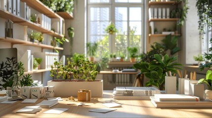 Fototapeta premium Modern Urban Architect's Workspace 3D City Models Sustainable Design Books and Blank Business Cards for Creative Inspiration