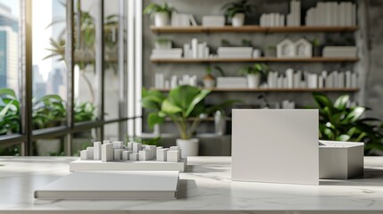 Modern Urban Architect's Workspace 3D City Models Sustainable Design Books and Blank Business Cards for Creative Inspiration