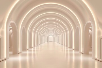 Serene modern corridor with arched doorways and ambient lighting