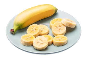 Baby banana and peeled banana slices on blue plate. File contains clipping path.