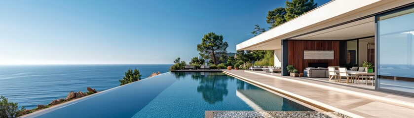 Fototapeta premium Clean and expansive coastal terrace with uninterrupted sea views, ideal for minimalist and peaceful design themes