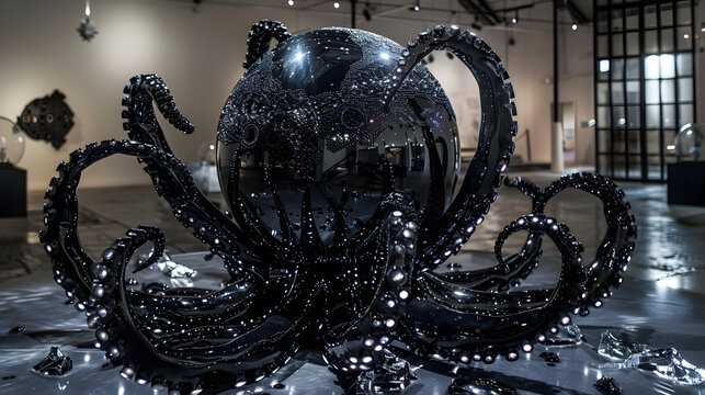 Intricate black glass ball adorned with diamonds and lights, shaped like an octopus, atop steel sculpture