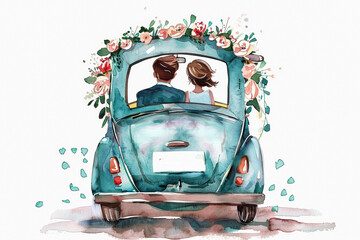 A Blissful Couple Embarking on Their Marriage Journey in a Decorated Car Charming Ink Watercolor Illustration on White Background