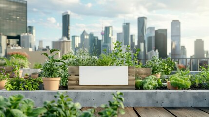 Fototapeta premium City Oasis Urban Rooftop Farm with Business Cards Herbs and Skyline Views