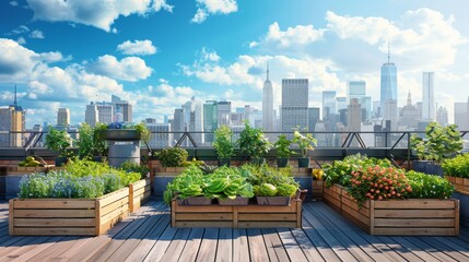 Fototapeta premium City Oasis Urban Rooftop Farm with Business Cards Herbs and Skyline Views