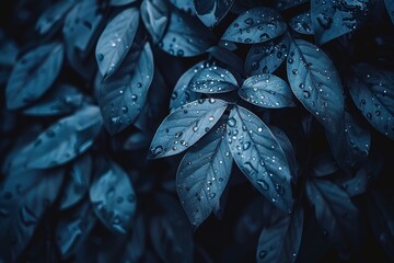 Obraz premium Moody blue foliage with raindrops in soft focus