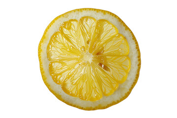 Top view of a fresh lemon slice isolated on a white background, showcasing bright yellow color and natural texture.
