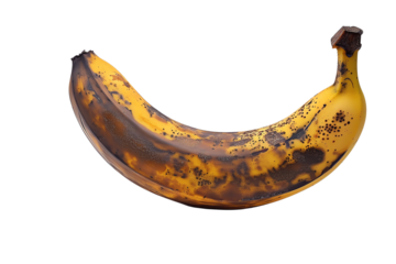 A ripe, yellow banana with dark spots, perfect for use in recipes or a representation of fruit decay and overripe produce. Isolated on white.
